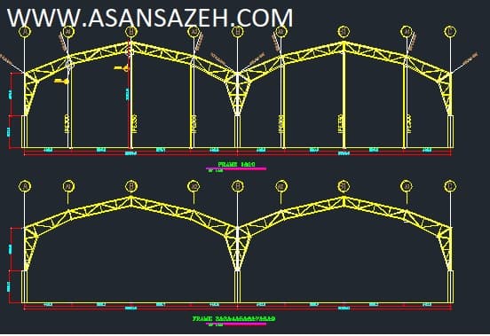 نقشه سوله خرپای قوسی با ستون بتنی DWG(خرپای 40متری) — تصویر ۲