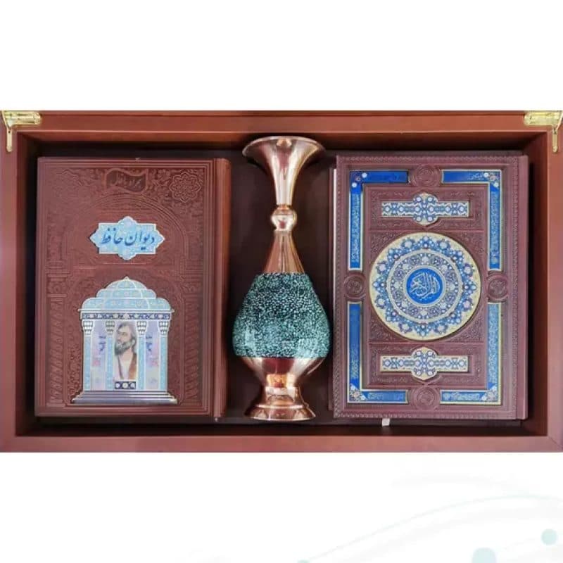 قرآن و حافظ وزیری چرم با گلدان بزرگ فیروزه — تصویر ۱۰