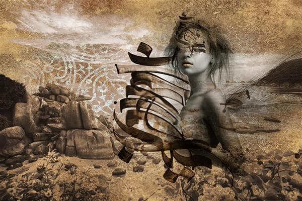 تابلو نقاشیخط دختر زیبای مو کوتاه در کویر
