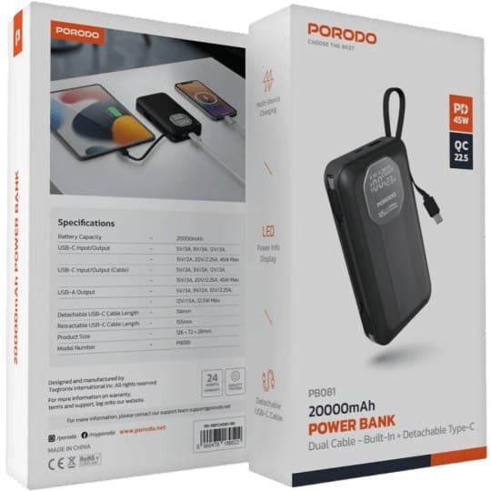 پاوربانک 20000 پرودو 45 وات مدل PB081 — تصویر ۴