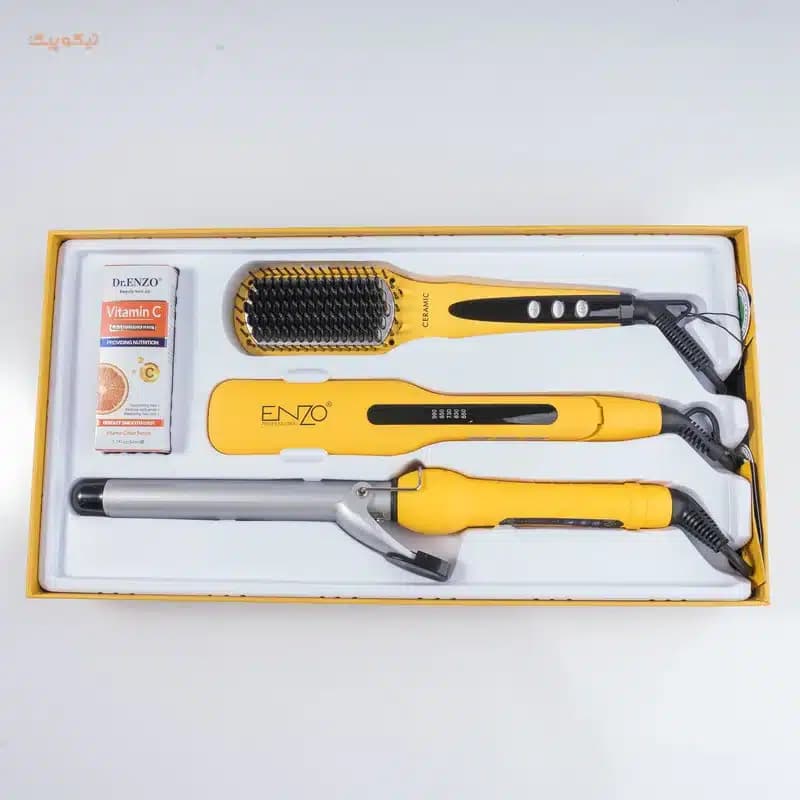 اتو مو انزو پروفیشینال مدل EN-3955W به همراه برس حرارتی و فرکننده مو — تصویر ۴