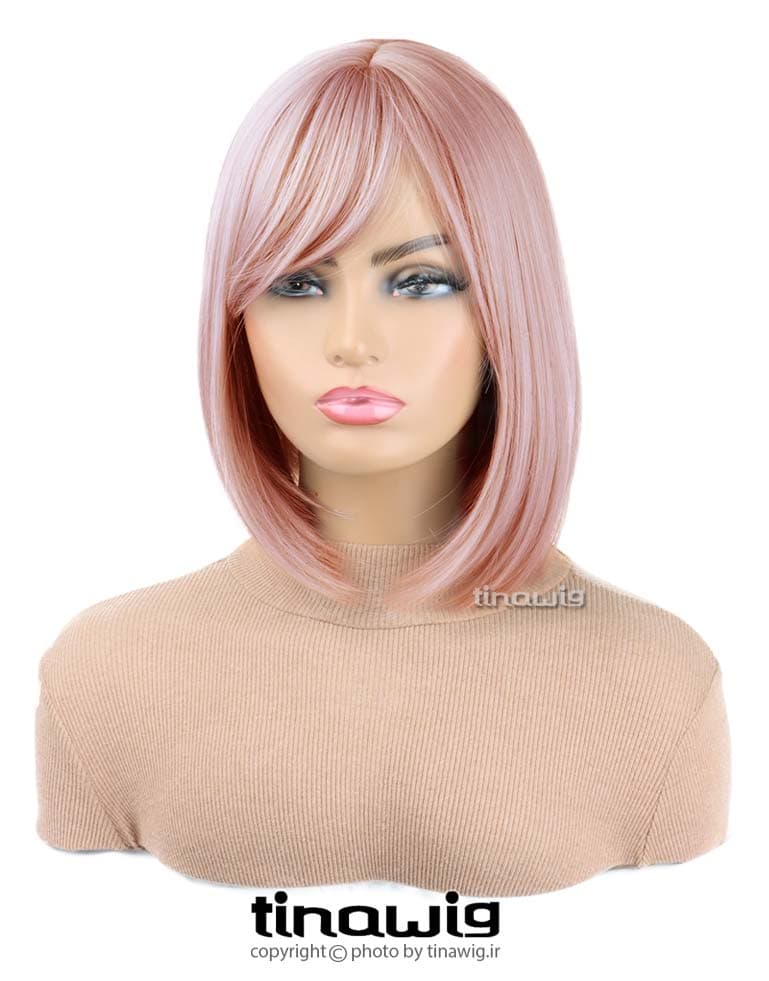 کلاه گیس زنانه کد Tbangs45-peachpink با موی مصنوعی رنگ صورتی هلویی — تصویر ۴