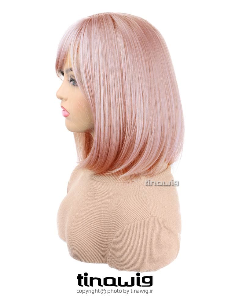 کلاه گیس زنانه کد Tbangs45-peachpink با موی مصنوعی رنگ صورتی هلویی — تصویر ۵