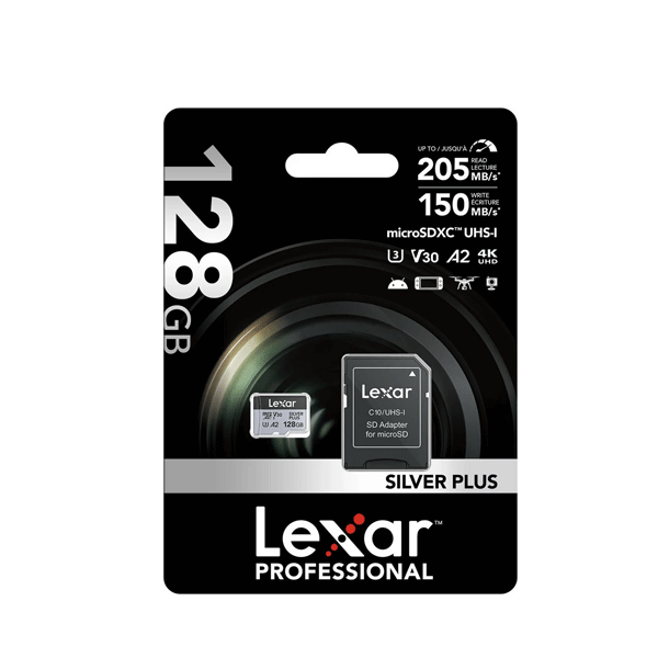کارت حافظه microSDXC لکسار Lexarمدل SILVER PLUS کلاس A2 استاندارد UHS-U3 سرعت 205MBps ظرفیت 128 گیگابایت به همراه آداپتور SD — تصویر ۲