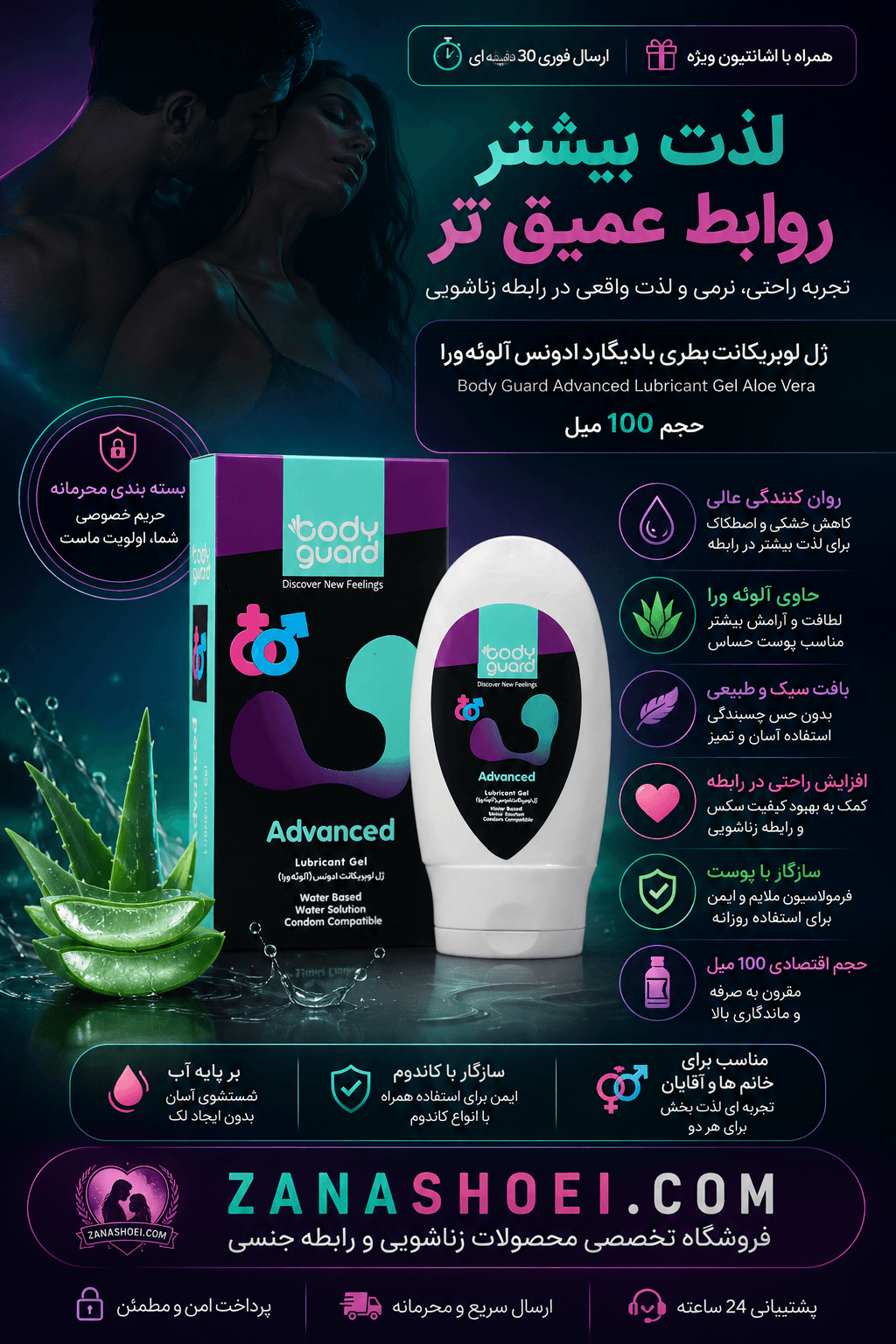 ژل لوبریکانت بطری بادیگارد ادونس آلوئه ورا Advanced Lubricant Gel حجم 100 میل — تصویر ۹