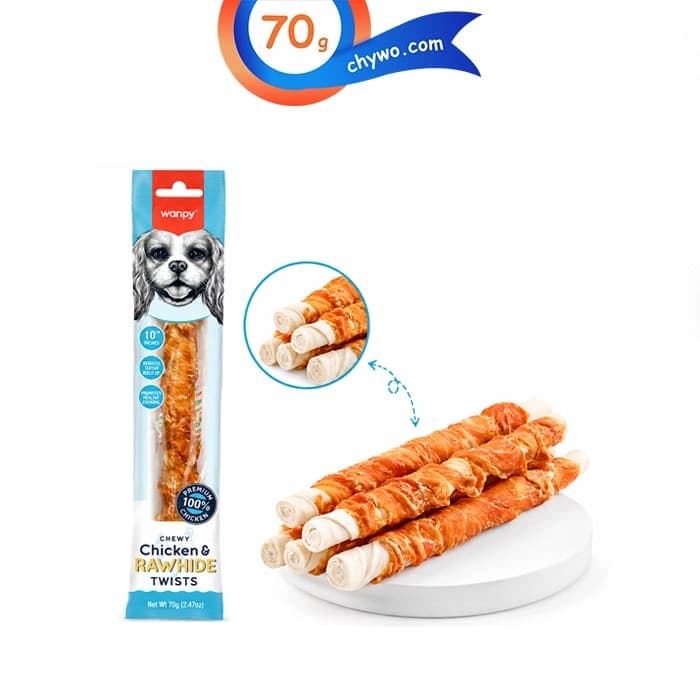 تشویقی سگ ونپی طعم مرغ مدل دورپیچ روهاید (تکی) ابعاد 25 سانتی متر وزن 70 گرم Wanpy Rawhide Twists
