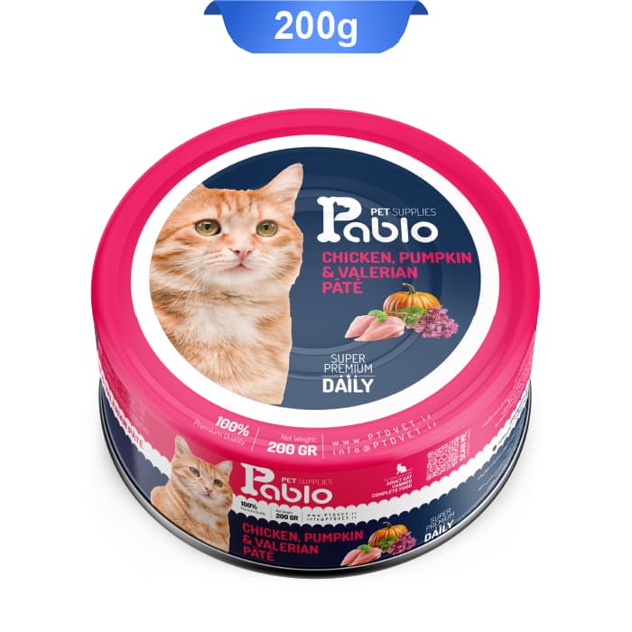 کنسرو گربه بالغ پابلو پته طعم مرغ و کدو تنبل و سنبل الطیب مدل اولترا وزن 200 گرم Pablo — تصویر ۲