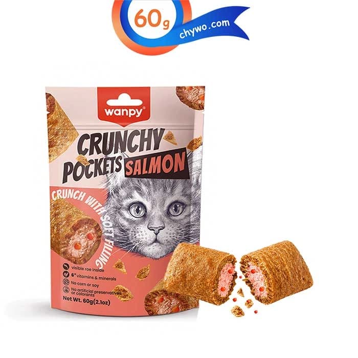 تشویقی گربه ونپی طعم ماهی سالمون مدل کرانچی مغزدار وزن 60 گرم Wanpy Crunchy Pockets Salmon — تصویر ۵