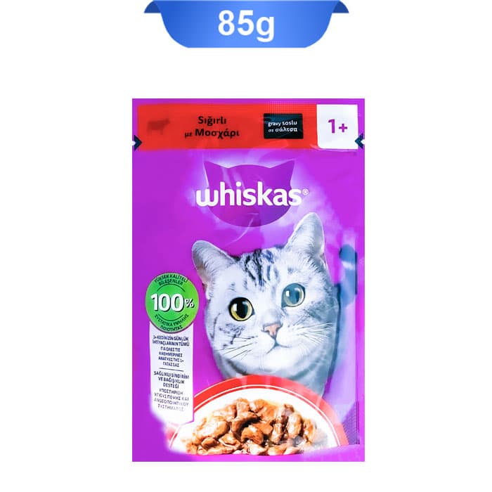 پوچ گربه بالغ ویسکاس طعم گوشت گاو در سس وزن 85 گرم کد 103012 Whiskas