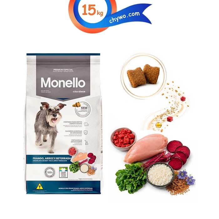 غذای خشک سگ عقیم و مسن مونلو طعم مرغ و برنج و سبزیجات وزن 15 کیلوگرم Monello