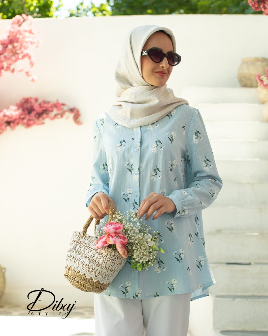 تونیک آبی گل گچی (مدل ماه گل)