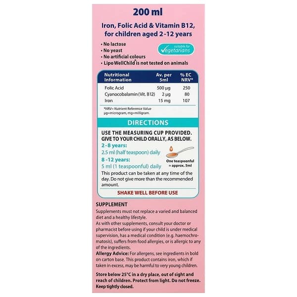 لیپوزومال آیرون + فولیک اسید + ویتامین ب12 200میلیلیتر ( لیپو ول چایلد – ویتالاجیک ) – شربت — تصویر ۲