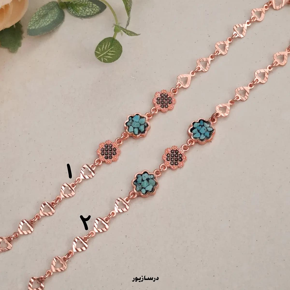 دستبند مس و فیروزه و مارگازیت گلی سه