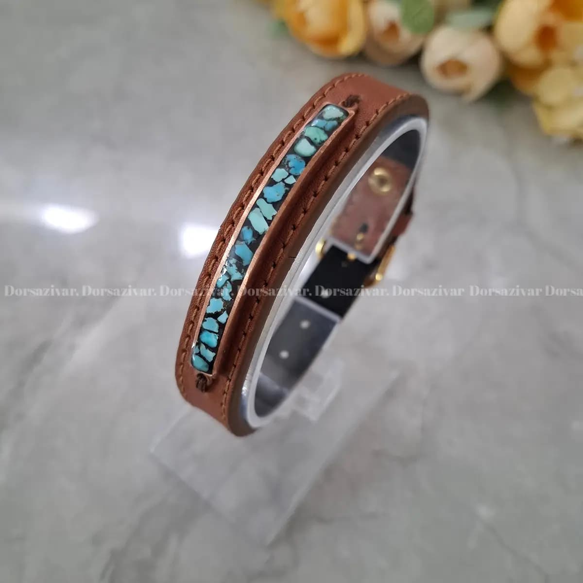 دستبند چرم زنانه مس و فیروزه آلما2 — تصویر ۲