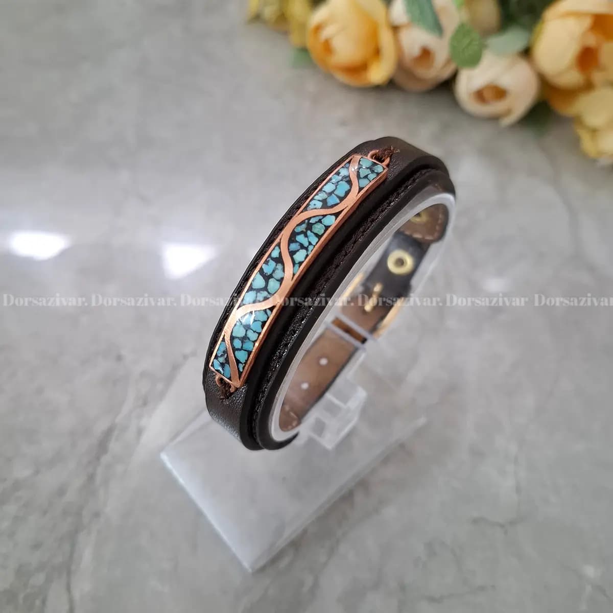 دستبند چرم زنانه مس و فیروزه اسپرت2 — تصویر ۲