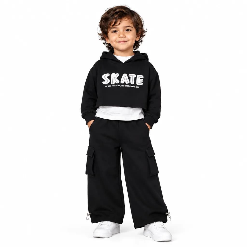ست هودی کراپ دوتکه و شلوار کارگو بچگانه مدل SKATE | استایل استریت مشکی اسپرت