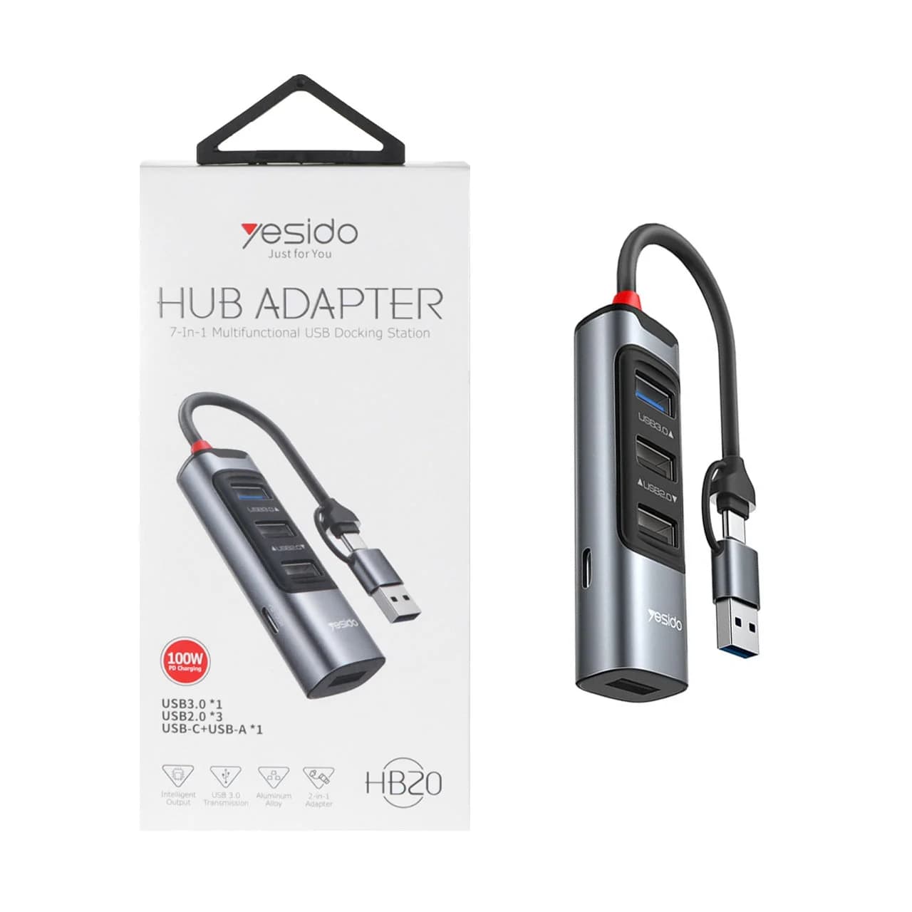 هاب 5 پورت Yesido USB Type-C مدل HB20 100W – خاکستری (گارانتی شش ماه تعویض نیکان همراه)