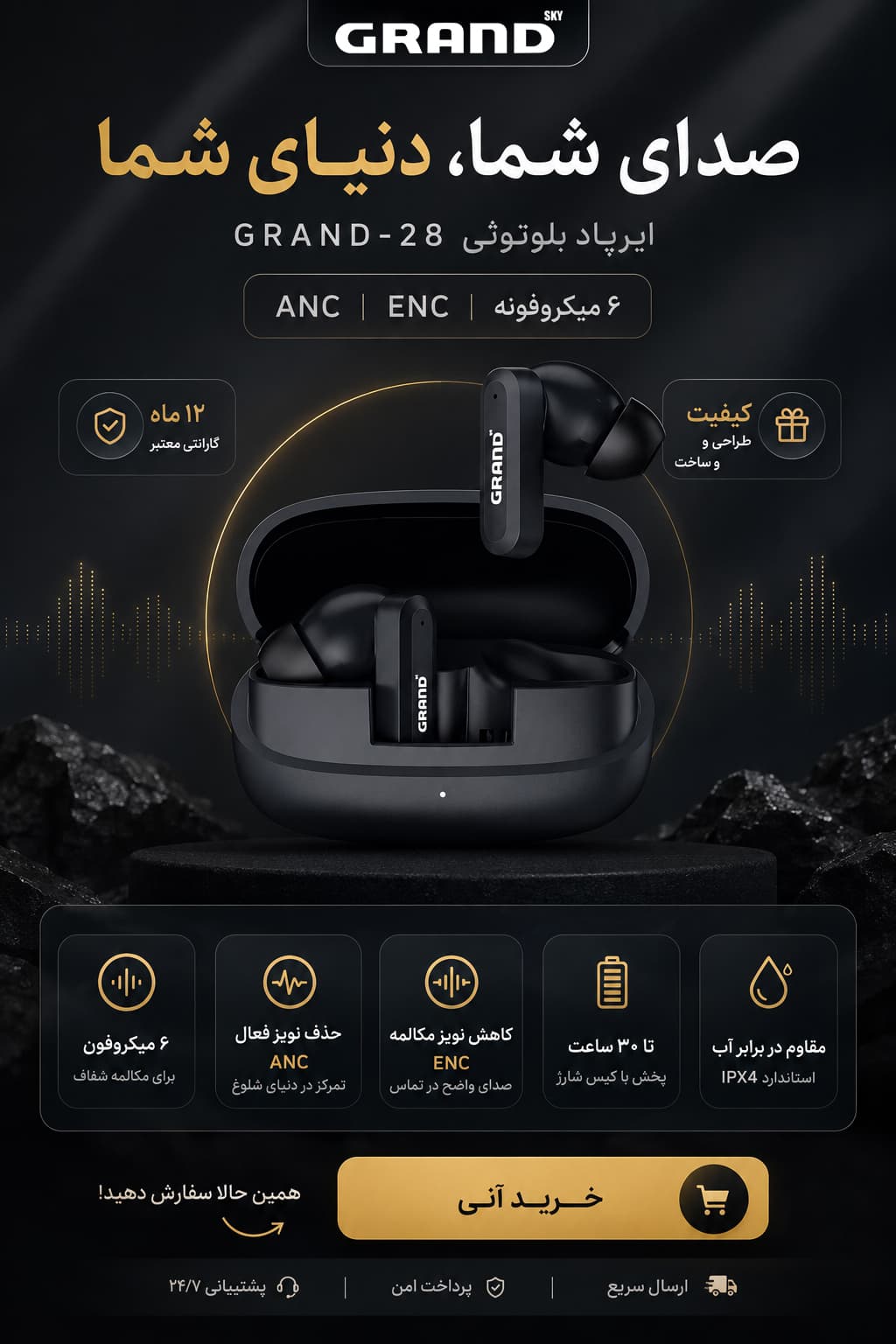 هندزفری بی سیم گرنداسکای مدل Grand-28 — تصویر ۶