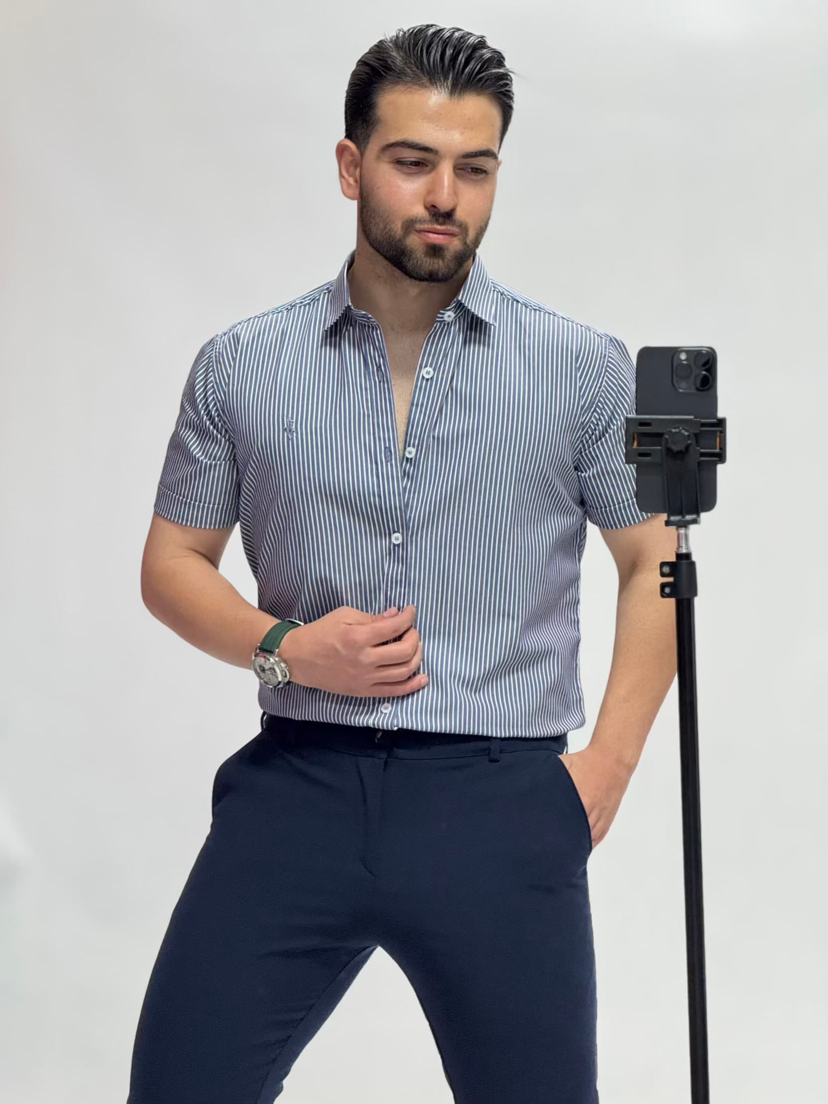 پیراهن راه راه کلاسیک استین کوتاه-0095 — تصویر ۵