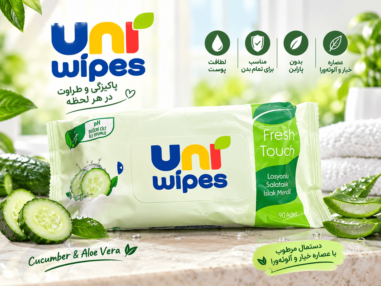 دستمال مرطوب uni wipes با عصاره خیار و آلوئه ورا — تصویر ۲