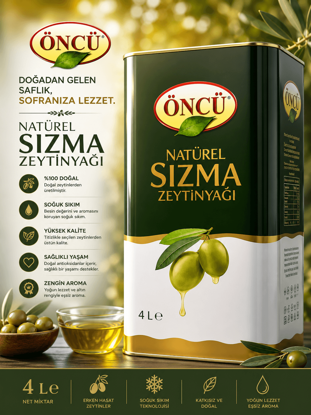روغن زیتون فرابکرطبیعی اونجو Öncü حجم 4 لیتر