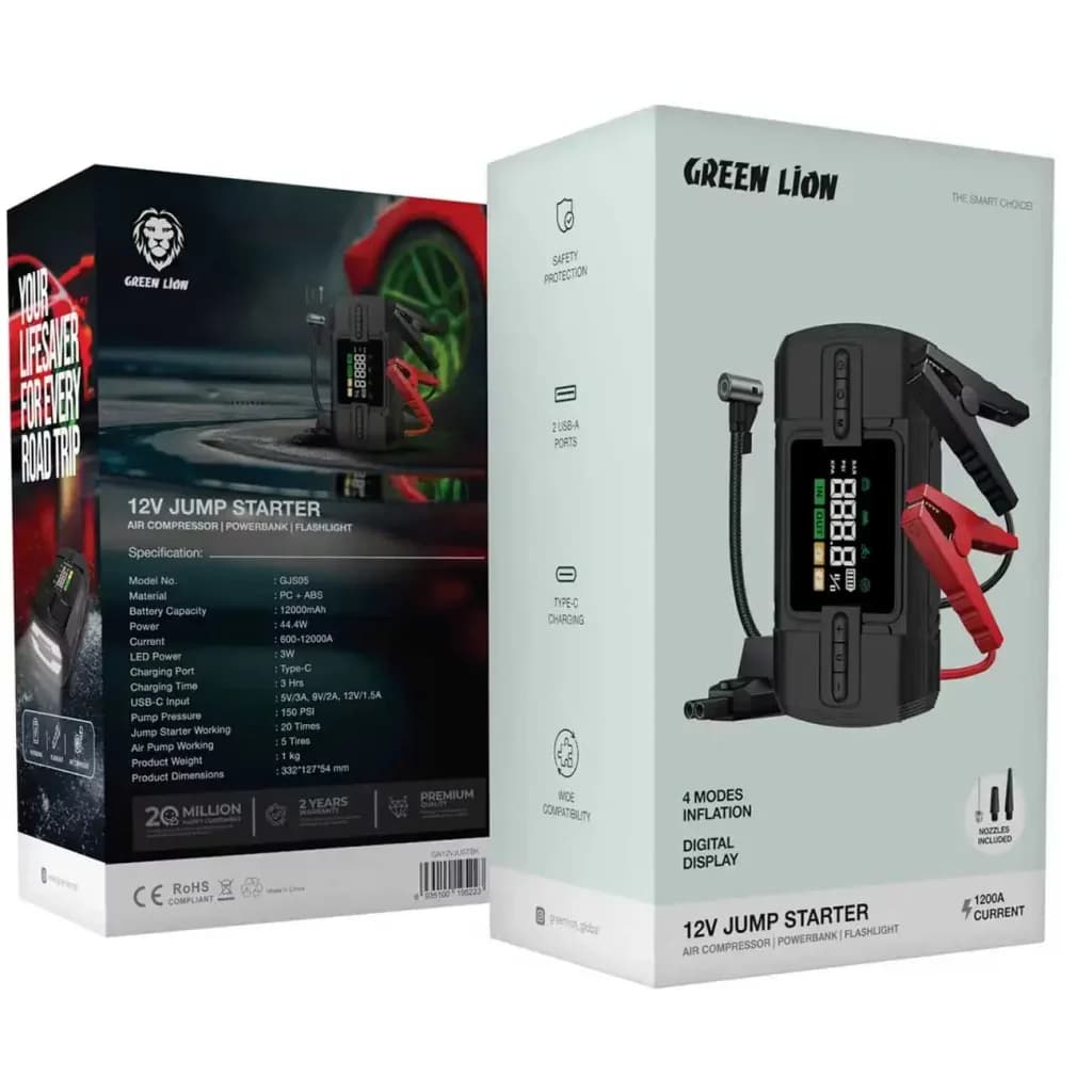 جامپ استارتر گرین لاین مدل GJS05 ظرفیت 12000 میلیآمپر ساعت - خرید جامپ استارتر Green Lion GN12VJUSTBK