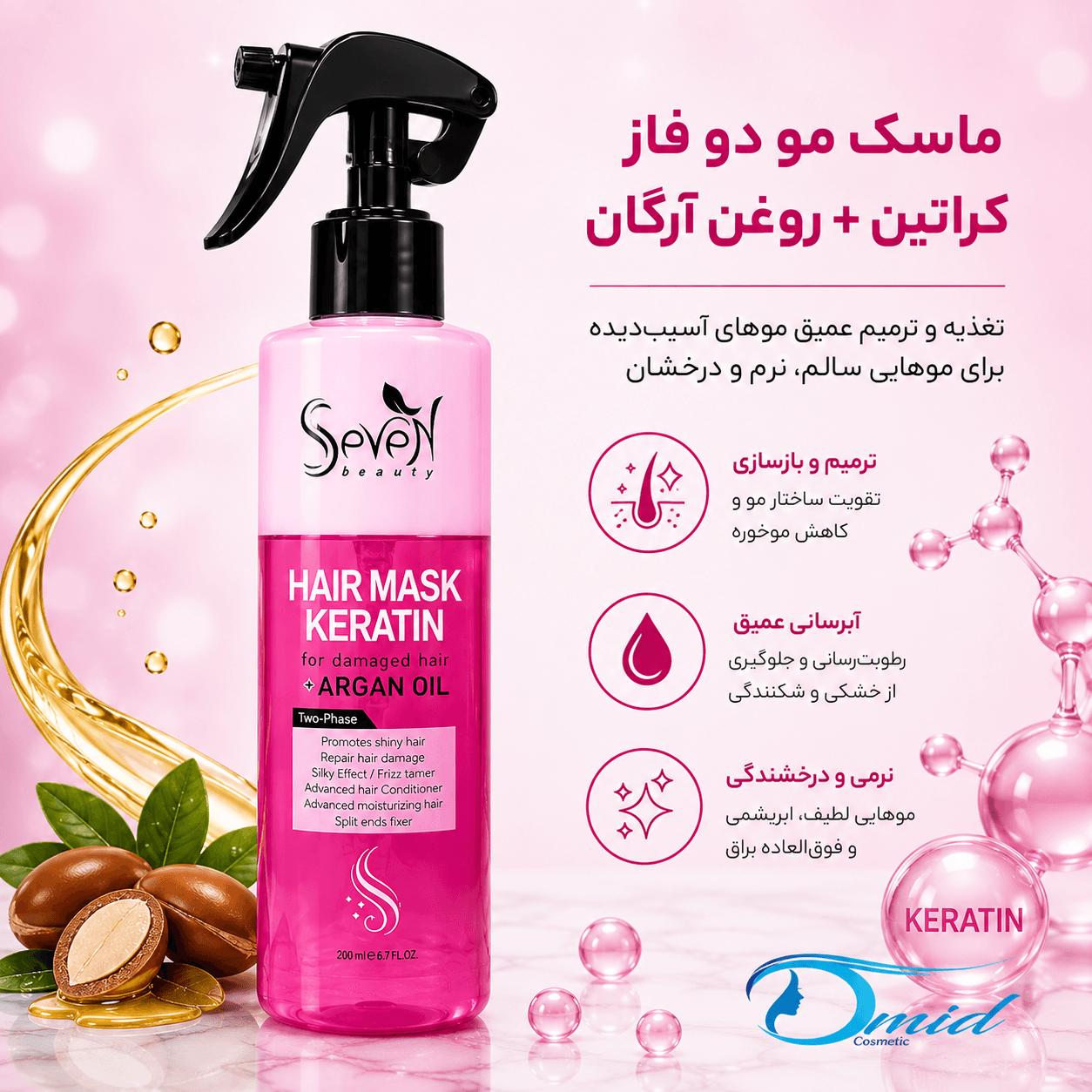 اسپری ماسک موی دو فاز کراتین و روغن آرگان سون بیوتی مناسب موهای خشک و آسیب دیده ۲۰۰ میلی لیتر صورتی