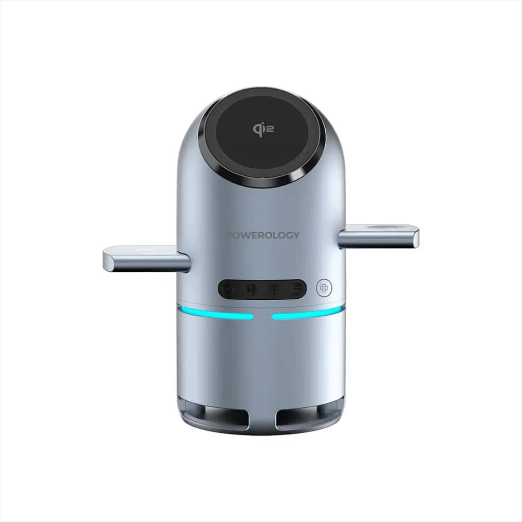 Powerology Qi2 Speaker Charge Station – Gray | شارژ بی‌سیم 3‌در‌1 با اسپیکر بلوتوث — تصویر ۸