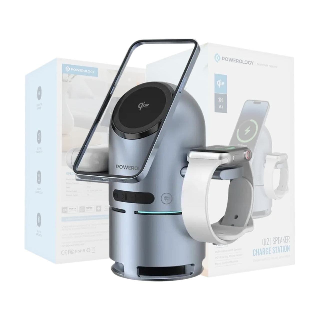 Powerology Qi2 Speaker Charge Station – Gray | شارژ بی‌سیم 3‌در‌1 با اسپیکر بلوتوث