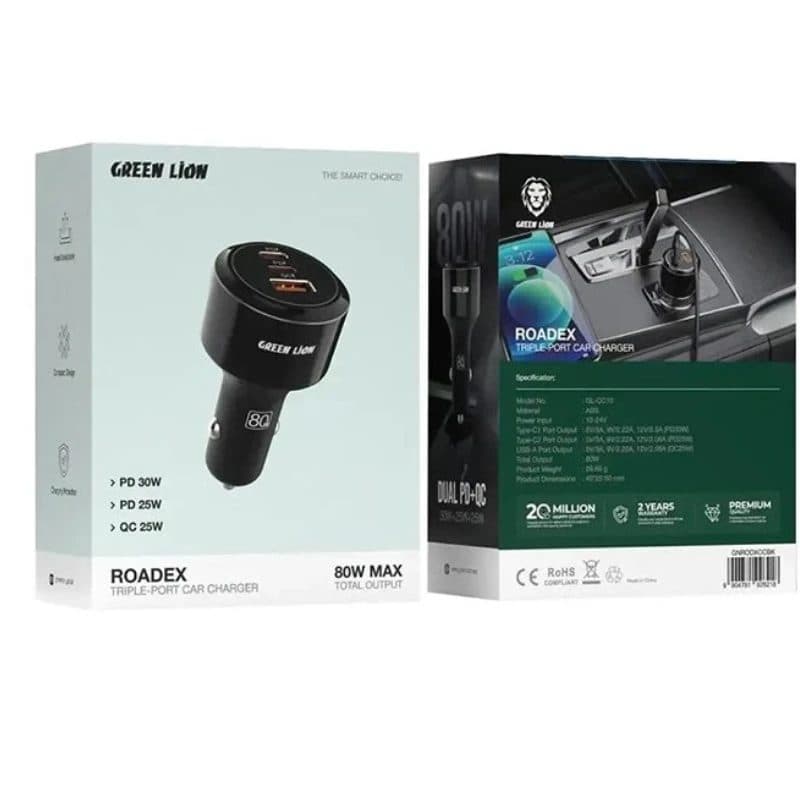 شارژر فندکی 80 وات گرین GREEN LION ROADEX با 3 پورت به همراه کابل — تصویر ۸
