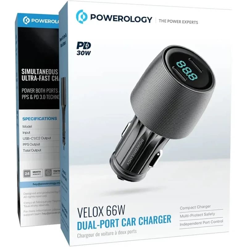 شارژر فندکی 66 وات پاورولوژی POWEROLOGY VELOX با 2 پورت — تصویر ۷