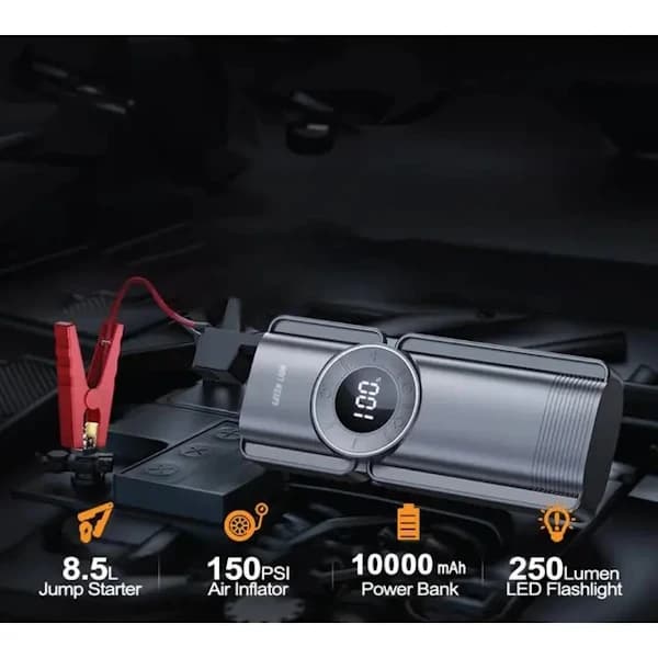جامپ استارتر و پمپ باد گرین GREEN LION PORTABLE JUMP STARTER با ظرفیت 10000 میلی آمپرساعت — تصویر ۳