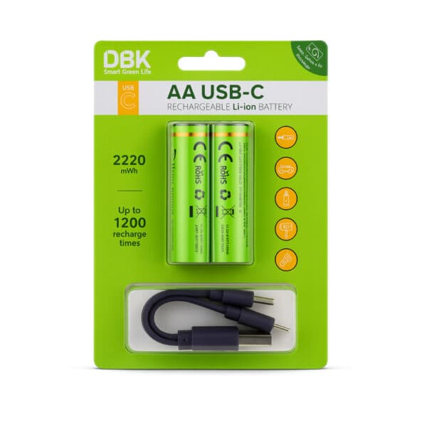 باتری قلمی شارژی لیتیوم یون 1.5V سایز AA ظرفیت 2220mWh برند DBK (USB-C) — تصویر ۲