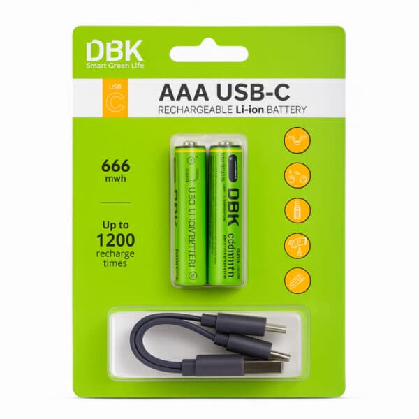 باتری نیم‌قلمی شارژی لیتیوم یون 1.5V سایز AAA ظرفیت 666mWh برند DBK (USB-C) — تصویر ۲