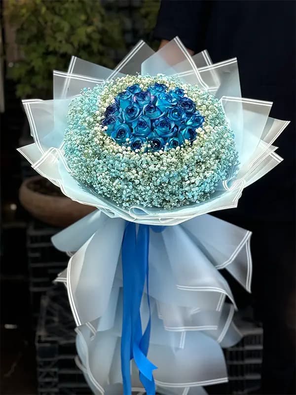 دسته گل رز ابی برای خواستگاری با ژیپسوفیلا