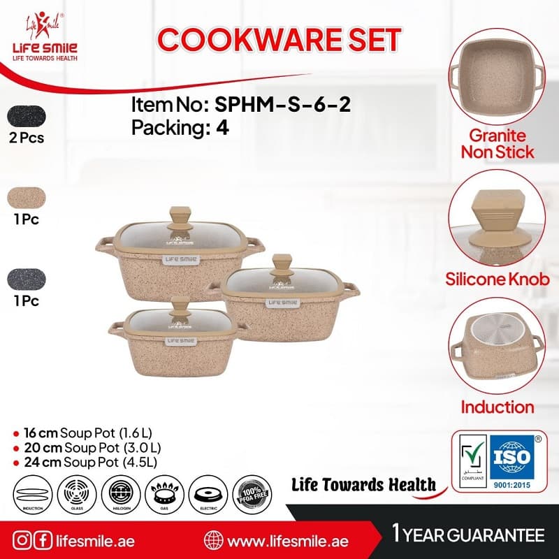 ست قابلمه ۶ پارچه مربعی گرانیتی لایف‌اسمایل مدل SPHM-S-6-2 — تصویر ۲