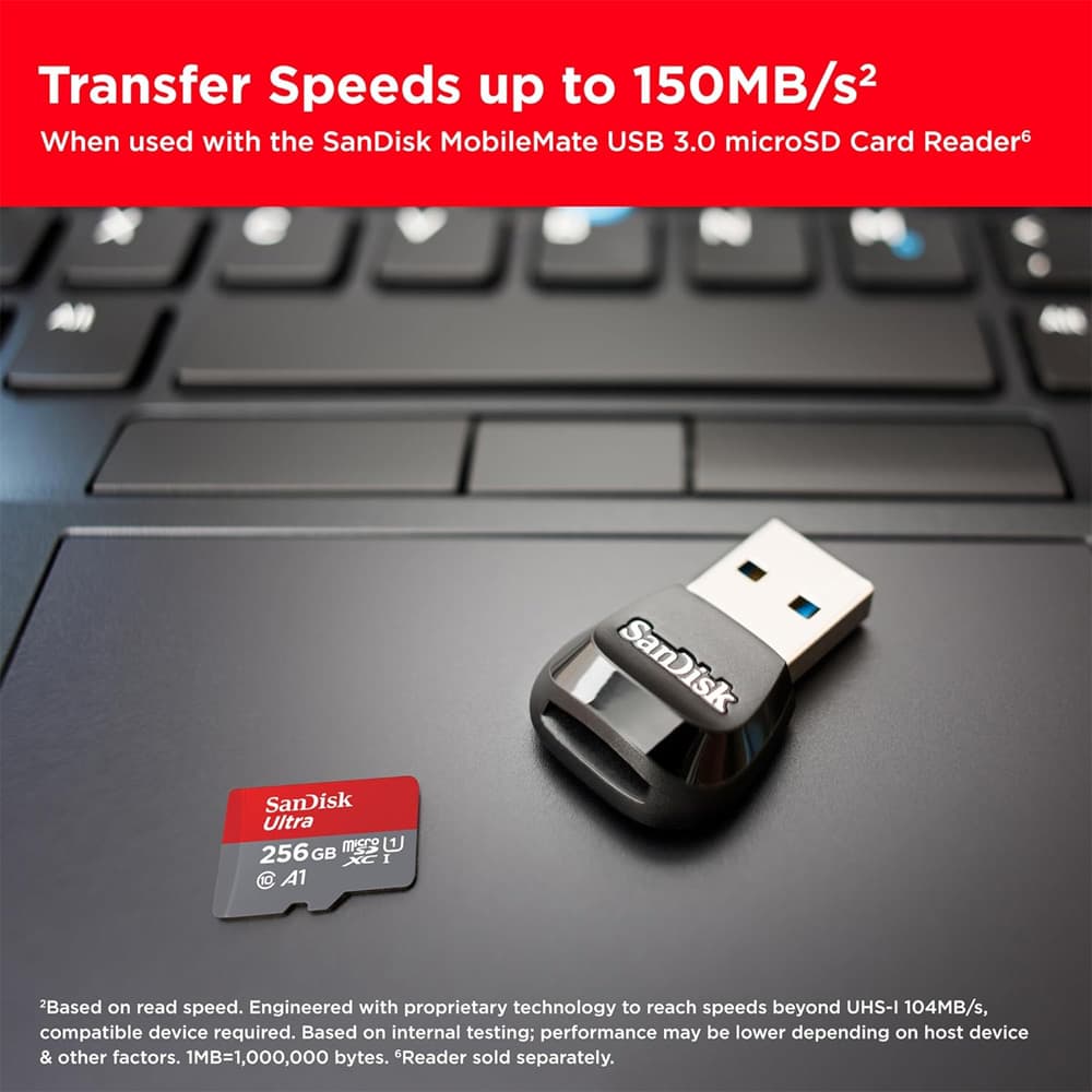 کارت حافظه microSDXC سن دیسک مدل Ultra A1 کلاس 10 استاندارد UHS-I سرعت 100MBps ظرفیت 256 گیگابایت — تصویر ۹