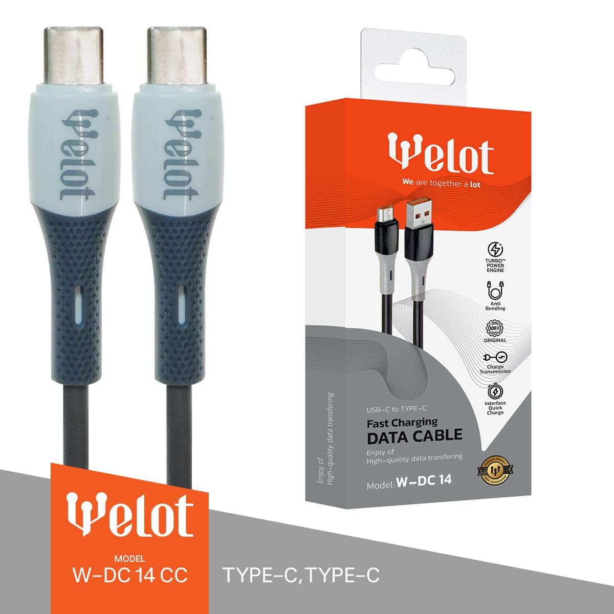 کابل شارژ PVC دو سر تایپ سی TYPE-C TO TYPE-C ویلوت WELOT W-DC14cc
