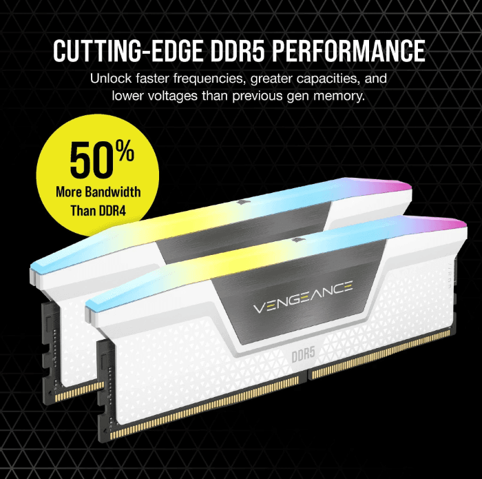 رم DDR5 دسکتاپ 32 گیگابایت 5200Mhz CL40 کورسیر مدل Vengance RGB Whiteدو کاناله — تصویر ۲