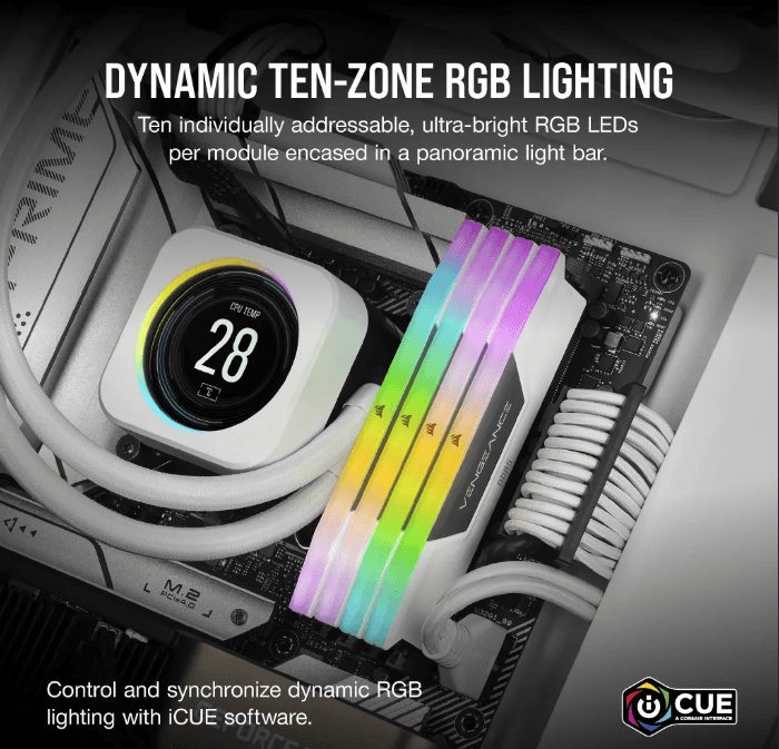 رم DDR5 دسکتاپ 32 گیگابایت 5600Mhz CL36 کورسیر مدل Vengance RGB White دو کاناله — تصویر ۱۰