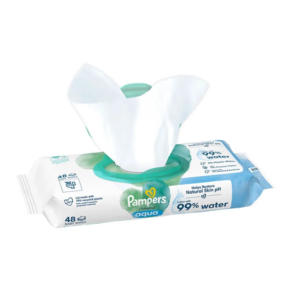 دستمال مرطوب 99 درصد آب پمپرز Pampers بسته 48 عددی — تصویر ۳