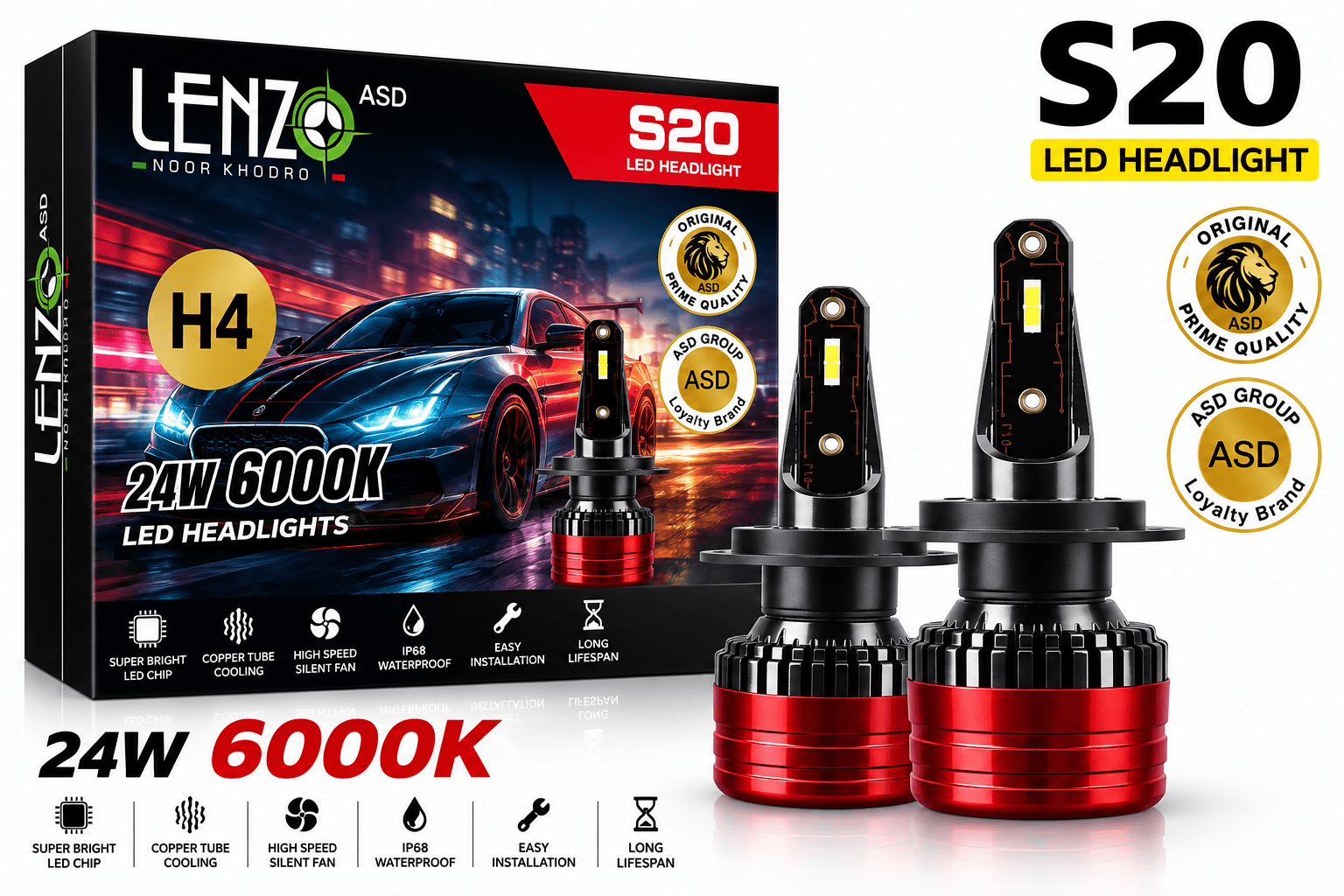 هدلایت لنزو S20 پایه H7 نور یخی 6000K