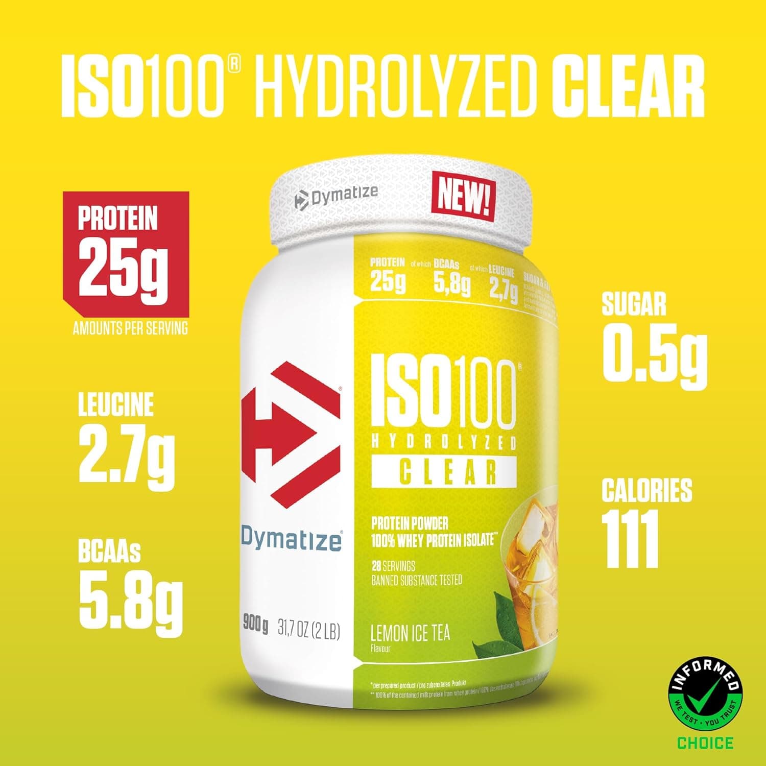 Dymatize ISO 100 Hydrolyzed Lemon Ice Tea 900 گرم پودر پروتئین آب پنیر شفاف هیدرولیز شده و ایزوله — تصویر ۴