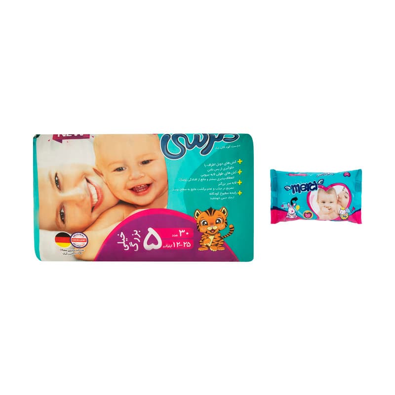 پوشک کامل مرسی سایز 5 (30 عددی) به همراه دستمال مرطوب