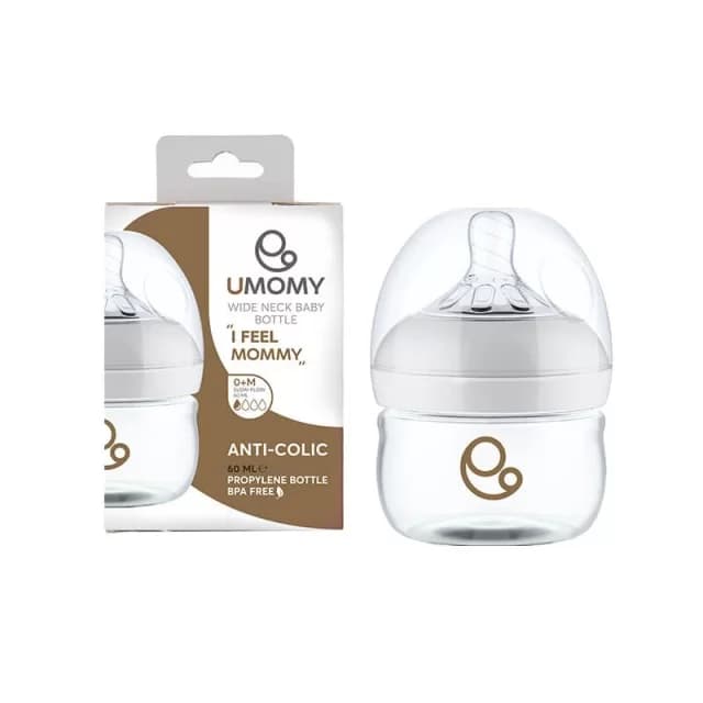 شیشه شیر یومامی 60 میلی‌لیتر دهانه عریض آنتی کولیک مدل Umomy Wide Neck با طراحی شبیه Avent Natural — تصویر ۷