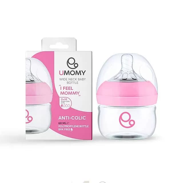 شیشه شیر یومامی 60 میلی‌لیتر دهانه عریض آنتی کولیک مدل Umomy Wide Neck با طراحی شبیه Avent Natural — تصویر ۶