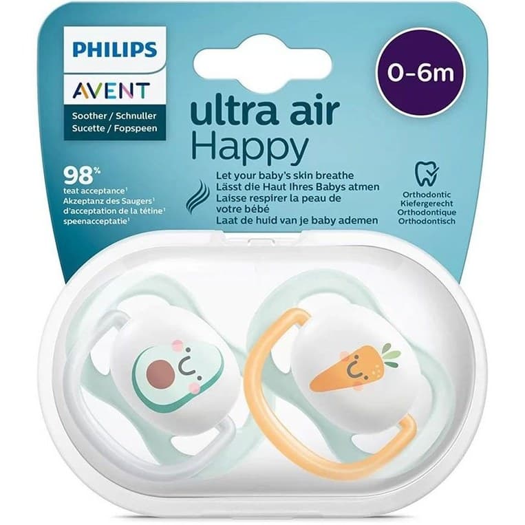 پستانک اونت اولترا ایر تکی 0 تا 6 ماه avent ultra air طرح هویج و آووکادو — تصویر ۲