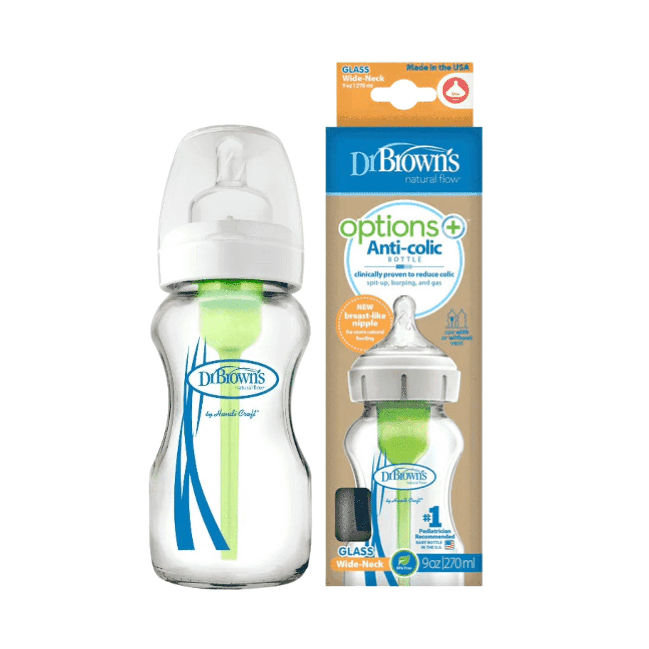 شیشه شیر عریض پیرکس دکتر براونز 270 میلی لیتر | Dr. Brown’s Glass Wide-Neck Baby Bottle 9oz Anti-Colic — تصویر ۴