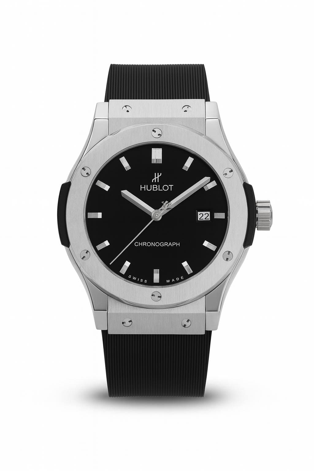 ساعت مچی هوبلو کلاسیک فیوژن نقره‌ای صفحه مشکی بند رابر | Hublot Classic Fusion