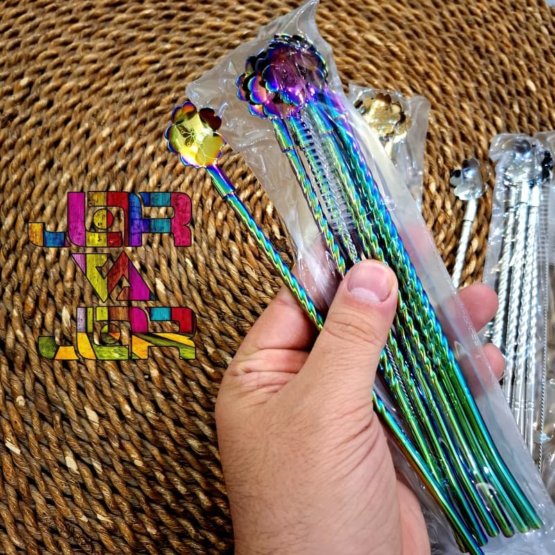 نی شربت استیل پیچ براق هفت‌رنگ